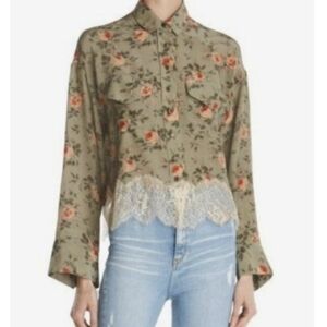 The Kooples Silk Floral Button Down Lace Hem Blouse xs